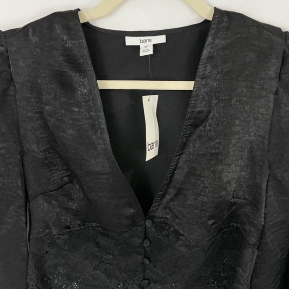 New Bar III Lace Hem V-Neck Balloon Sleeve Crop Top Cropped Blouse Black Size XS - Picture 4 of 16